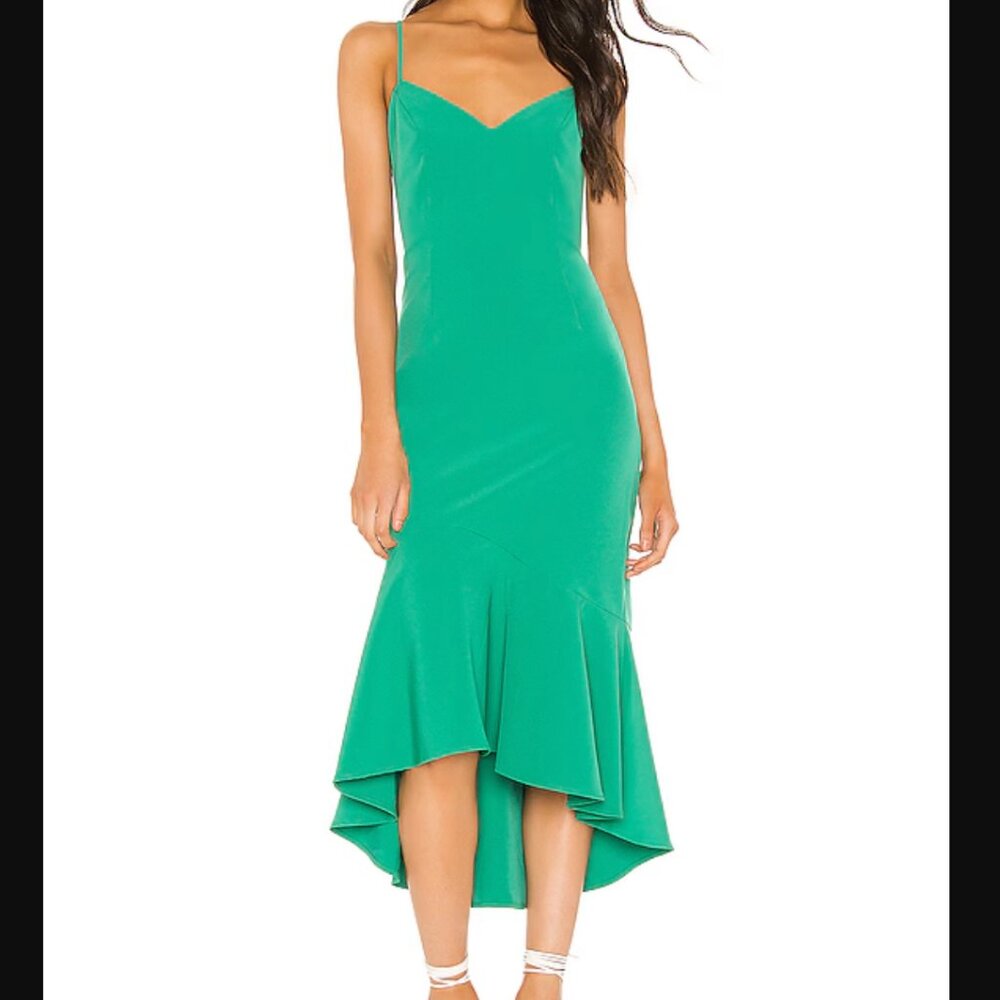 Revolve Bardot Lisandra Green Midi Dress Flounce Hem V-neck Size M